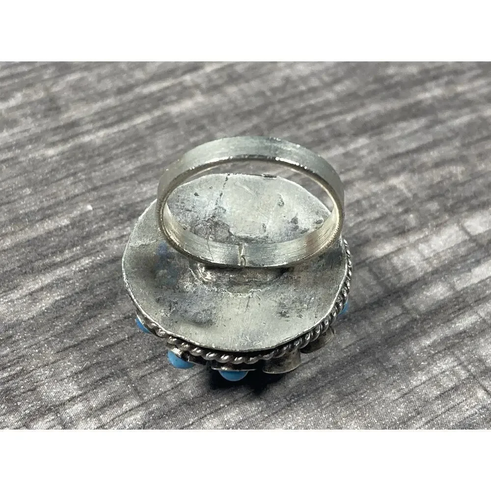 Vintage Atomic Sputnik Ring Blue Cabochon Cluster Silver Tone Size 6